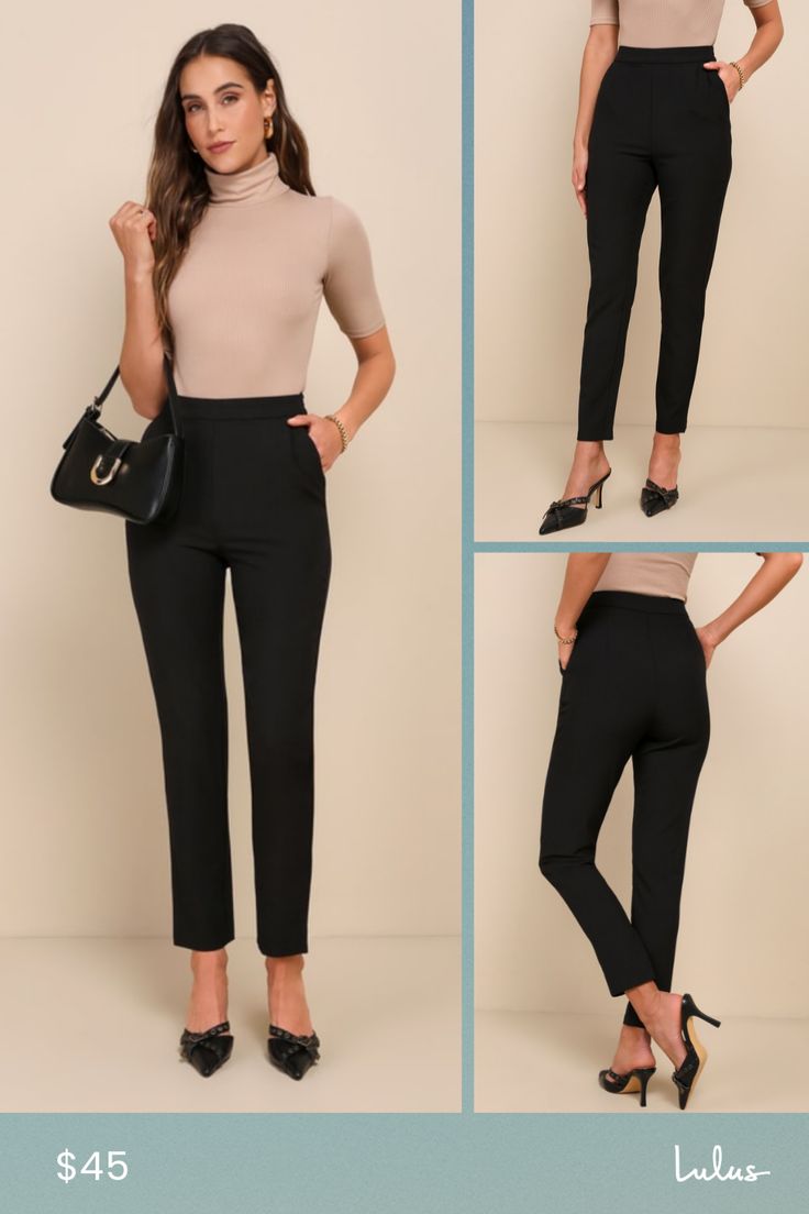 When you're not busy conquering the conference room, kick back in the Lulus Kick It Black High-Waisted Trouser Pants! Sleek woven poly constructs a high, banded waist, pleated accents, and diagonal front pockets. Relaxed pant legs taper at an ankle-length hem. Hidden side zipper/hook clasp. Fit: This garment fits true to size. Length: Ankle length. Size medium measures 39" from waist to hem. Inseam: 28.25 Front Rise: 11.00 Waist: Fitted - very fitted at natural waist. Hip: Fitted - consider sizi Modern Bottoms With Pockets For Night Out, High Waist Black Work Pants, Tailored Office Bottoms With Elastic Waistband, Stretch Dress Pants With Belt Loops For Office, Black High-waisted Work Pants For Office, High-waisted Black Work Pants, High Waist Work Pants With Elastic Waistband, Office High-waisted Pants With Elastic Waistband, High Waist Pantsuit With Belt Loops For Office