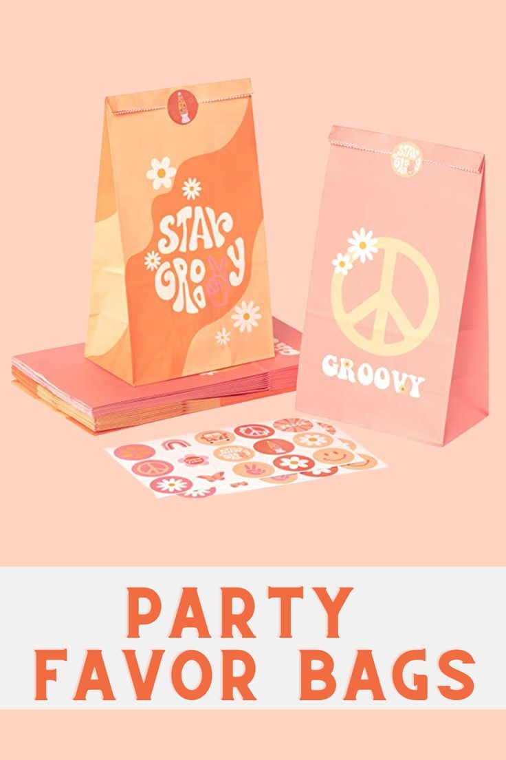 two bags with the words party favors printed on them, and an image of a peace sign