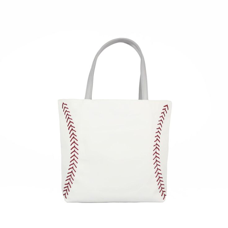 Size: 17" wide x 13" tall (plus 9" handles) x 3" deep Features: Made from actual baseball materials...it doesn't just LOOK like a baseball, it IS baseball! It's made from the real thing and feels amazing as a tote bag! Genuine red baseball stitching Durable, puncture resistant, and virtually spill proof Quality construction with double reinforced handle straps for cushioned comfort Soft inner bag lining One zippered pouch and two open pouches on inside walls of bag Soft magnetic closure at top H Sporty Bags For Football Season, Sporty Rectangular Shoulder Bag For Sports Events, White Tote Bags For Sports Events, White Tote Bag For Sports Events, Sporty Rectangular Game Day Bag, Large Capacity Rectangular Bags For Sports Events, Sporty White Shoulder Bag With Large Capacity, Sporty White Rectangular Shoulder Bag, Sporty White Shoulder Bag