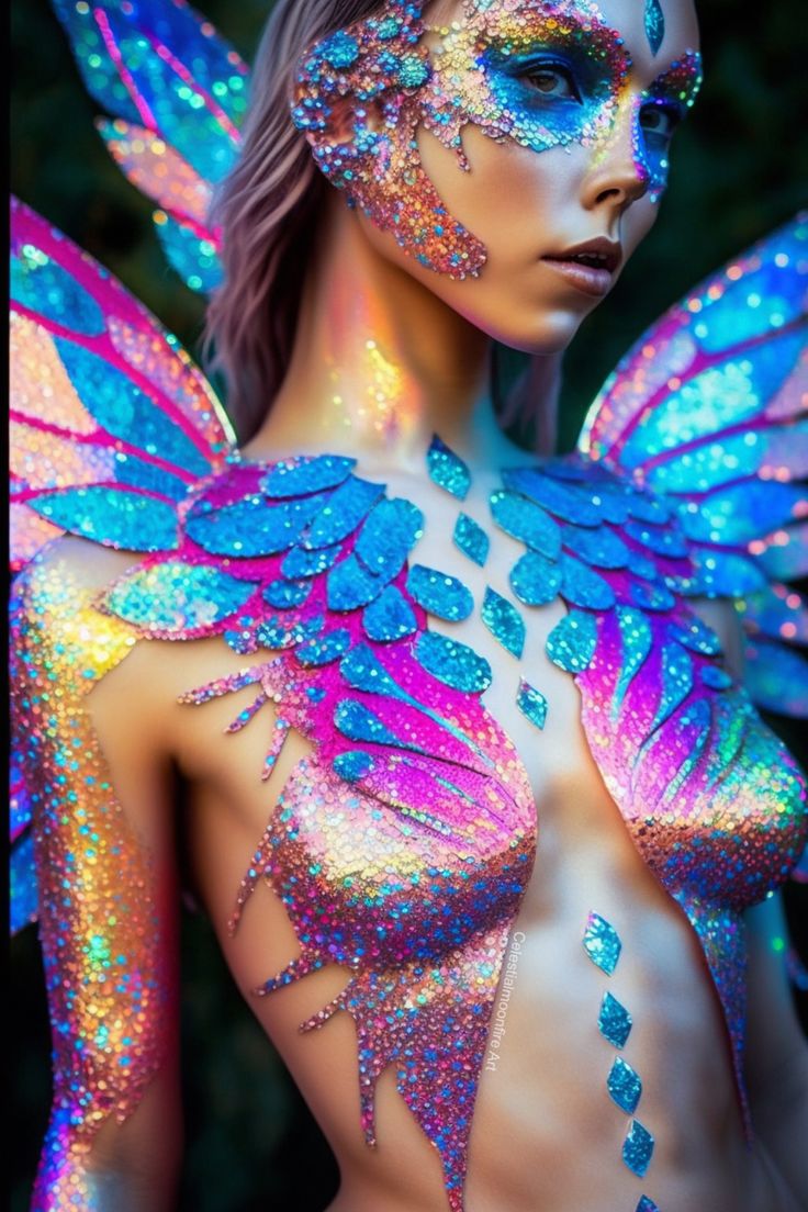 Mermaid Body Painting, Neon Fairy Costume, Fairy Body Art, Butterfly Body Painting, Nature Rave Outfit, Alebrije Costume, Bodypating Ideas, Body Art Paint Ideas, Neon Fairy