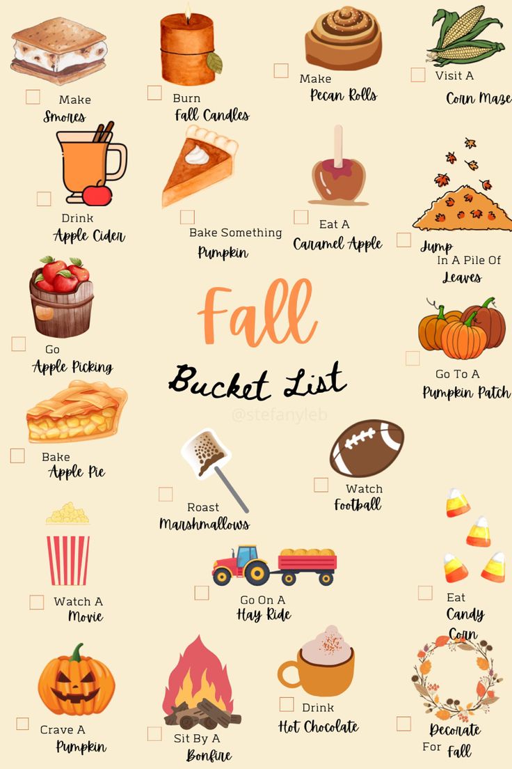 the fall bucket list is shown with pumpkins, pies and other things to eat