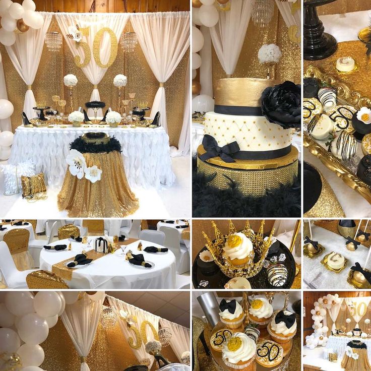 a collage of photos with black, gold and white desserts on it's table