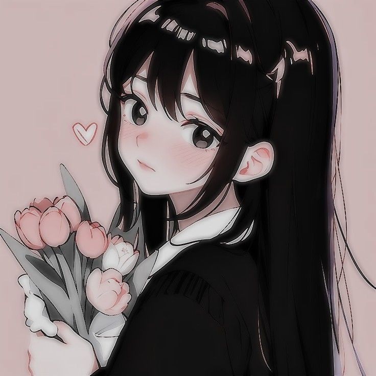 a girl with long black hair holding flowers