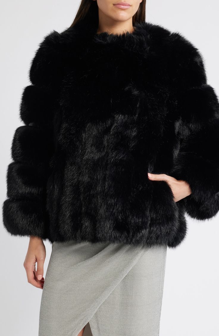 Finish a formal look or elevate an everyday one with a plush faux fur jacket that keeps you cozy yet chic. 28" length (size Medium) Front hook-and-eye closure Collarless Lined 100% polyester faux fur Dry clean Imported Formal Outerwear With Faux Fur Trim, Evening Faux Fur Coat For Fall, Evening Faux Fur Outerwear For Fall, Fall Evening Faux Fur Coat, Formal Faux Fur Outerwear In Mink Color, Formal Faux Fur Outerwear With Fur Trim, Faux Fur Lined Evening Coat For Fall, Elegant Fluffy Mink Outerwear, Mink Colored Faux Fur Outerwear For Evening