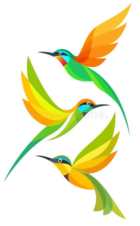 three colorful hummingbirds flying in the air with their wings spread out to look like they are