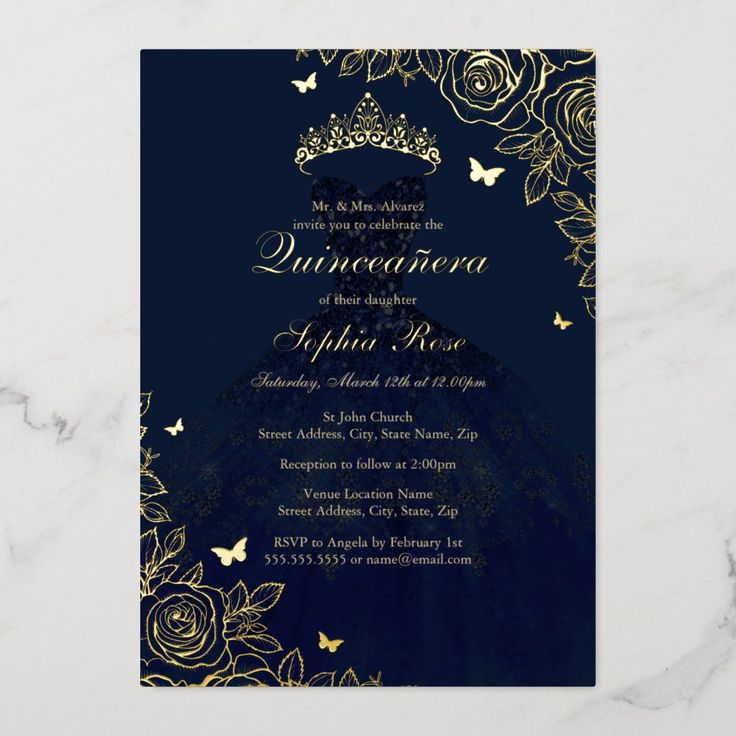 a black and gold wedding card with roses, butterflies and a tiara on it