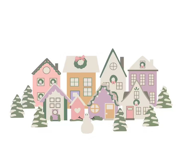 a group of houses with snow on the ground and trees around them in front of a white background