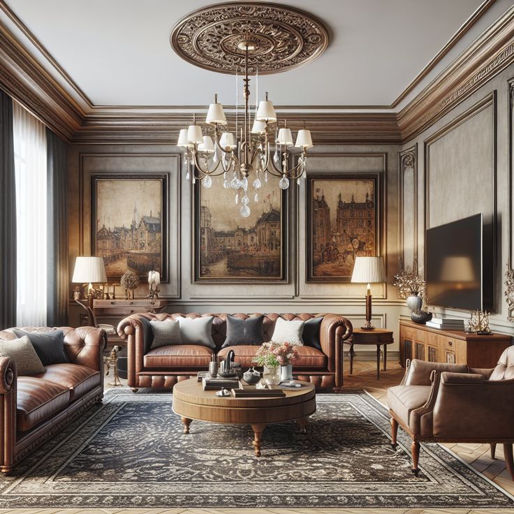 The room should feature elements auspicious of a vintage era, like aged leather furniture, a chandelier, and an antique coffee table. The walls should be decorated with period art designed before 1912. Modern elements could include a flat screen television, sleek line furniture, contemporary rugs, and up-to-date lighting fixtures. This image can serve as an inspiration for a home remodel, blending the charm of the past with the convenience of the present. Vintage English Living Room, German Style House Interiors, Living Room Designs Old Style, Classic Timeless Living Room, Brown Luxury Living Room, French Family Room, English Interior Design Classic, Modern Classic Living Room Luxury, Vintage Sofa Living Room