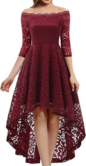 Dressystar Women's Lace Cocktail Dress Hi-Lo Off Shoulder Bridesmaid Swing Formal Party Dress Off Shoulder Bridesmaid, V Neck Cocktail Dress, Formal Dresses With Sleeves, Lace Cocktail Dress, Lace Dress Vintage, Formal Cocktail Dress, Formal Party Dress, Solid Color Dress, Women's Evening Dresses