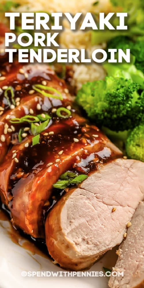 teriyaki pork tenderloin on a plate with broccoli