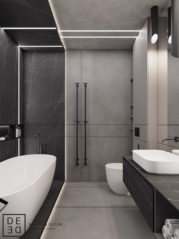 a modern bathroom with two sinks and a bathtub