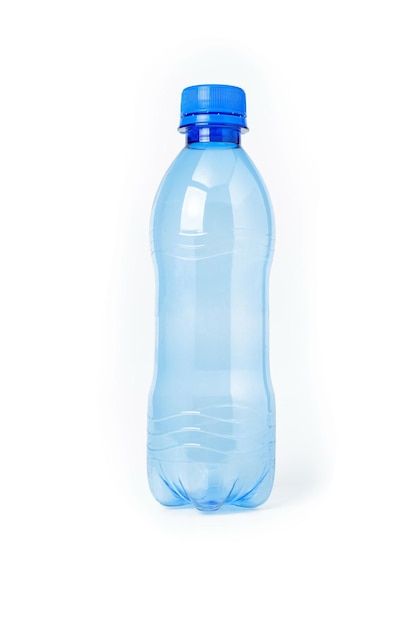 a blue plastic water bottle on a white background