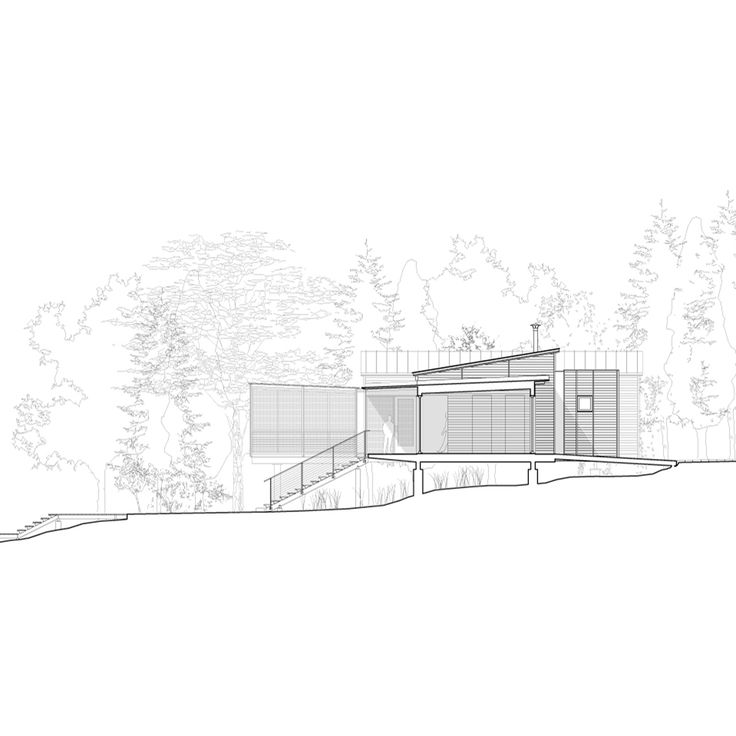 an architectural drawing of a house in the woods with trees and bushes on either side