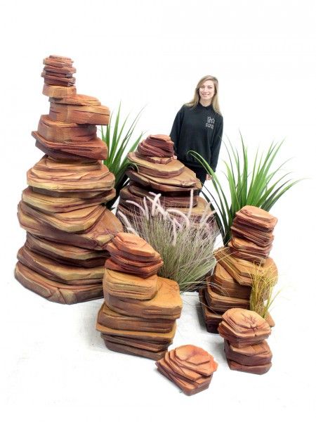 a woman standing in front of some rocks and plants with grass growing out of them