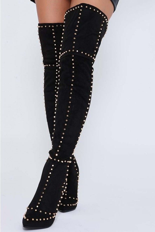 Wilmer Black Over The Knee Studded High Heeled Boots | In The Style Edgy Over-the-knee Winter Platform Boots, Glamorous Knee-high Boots For Winter Night Out, Glamorous Knee-high Boots For Night Out In Winter, Glamorous High Heel Knee-high Boots For Night Out, Glamorous Fall Knee-high Boots With Pointed Toe, Edgy Pointed Toe Knee-high Boots For Winter, Glamorous Knee-high Boots For Fall, Chic Thigh-high Boots For Fall, Trendy Boots For Night Out