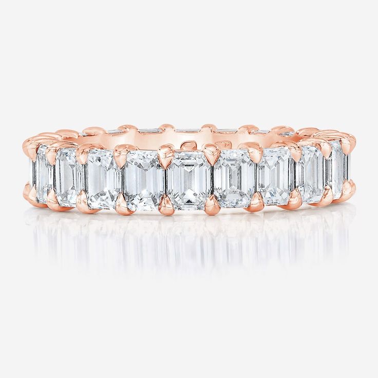 Bridal Wedding Bands 14k Rose Gold Petite Emerald Cut Band Rose Gold Diamond Eternity Band With Prong Setting, Rose Gold Eternity Band With Brilliant Cut Cubic Zirconia, Timeless Rose Gold Eternity Band With Prong Setting, Rose Gold Diamond Eternity Band With Single Cut Diamonds, Fine Jewelry Rose Gold Eternity Band With Prong Setting, Classic Rose Gold Eternity Band With Vvs Clarity, Timeless Rose Gold Eternity Band With Single Cut Diamonds, Classic Rose Gold Cubic Zirconia Eternity Band, Classic Rose Gold Eternity Band With Diamond Accents