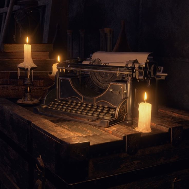 an old fashioned typewriter sitting on top of a wooden table with lit candles in front of it