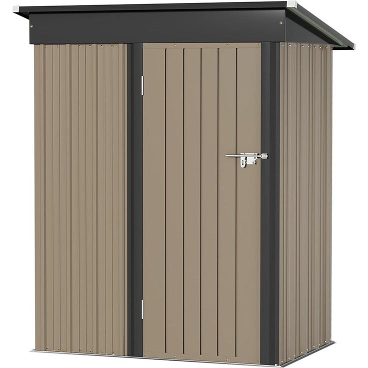 a brown and black storage shed with the door open to show it's side