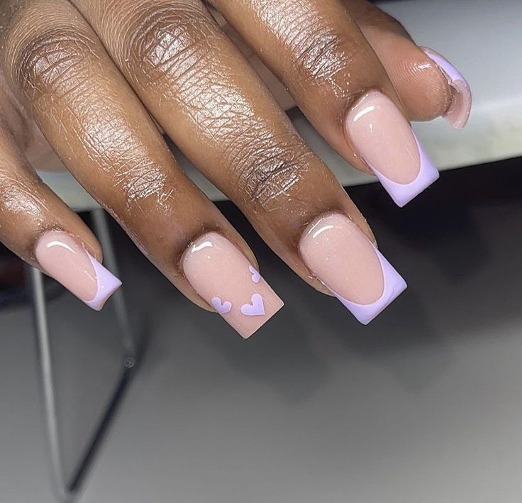 Purple Simple Nails Acrylic, Cute Acrylic Nail Designs Purple, Heart French Tip Nails Square, Milky White And Lavender Nails, Short French Tip Acrylic Nails Purple, French Tip Nails Plain, Red Acrylic Nails Medium Length, Short Square Acrylic Nails For School, Plain Nail Ideas Simple