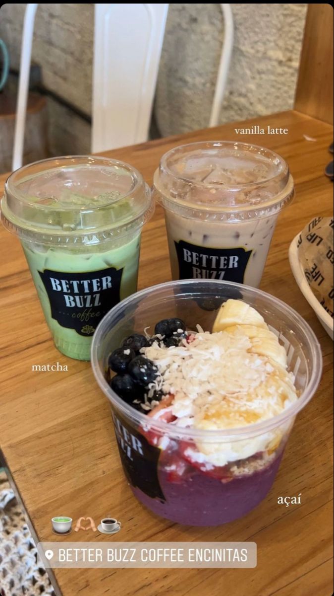 three cups of different types of food on a wooden table with the words better buzz coffee