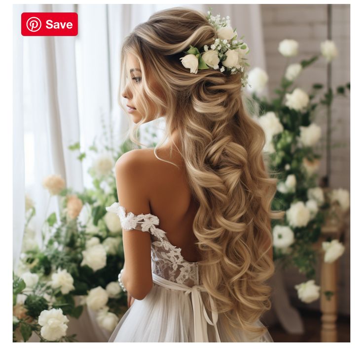 the back of a woman's head with long hair and flowers in her hair