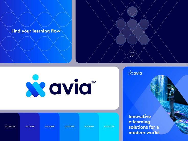 the avia logo and business cards are shown in four different color variations, including blue