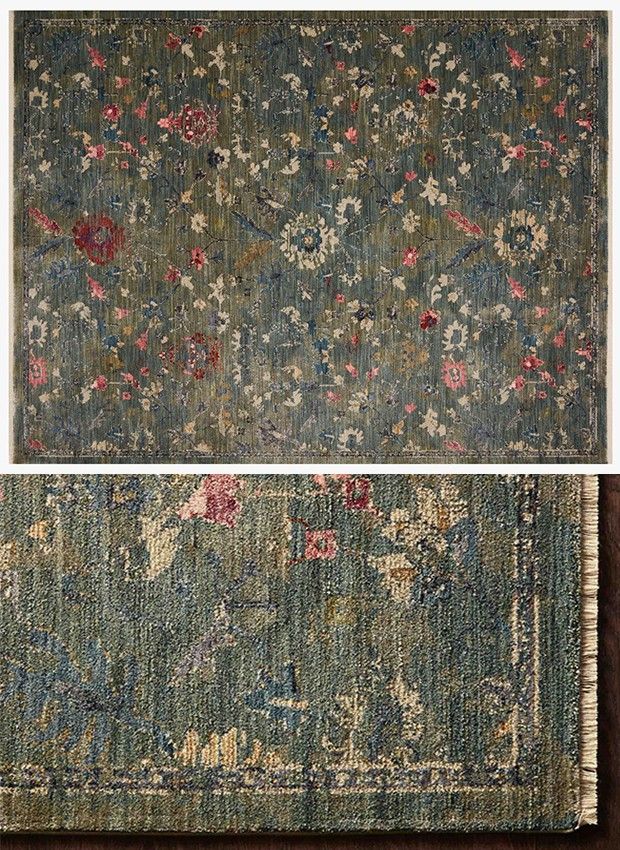 two different rugs, one in blue and the other in green with pink flowers