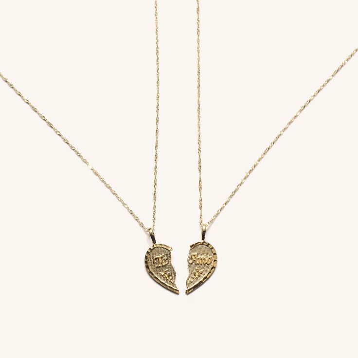 These aren't your childhood matching necklaces. Featuring 14k solid gold pendants engraved with “Te Amo” (I love you in Spanish) on the front, and "Amores Aparte Pero Siempre Juntos” inscribed on the back, symbolizing the strength and connection of love together, even when apart from one another. Together, the halves of the necklace complete the phrase - a beautiful sentiment to wear with your bff, family, or anyone you love. 14k Solid Gold Sold as set of 2 necklaces (each necklace packaged sepa 14k Gold Pendant Charm Necklace For Anniversary, Engraved 14k Gold Charm Necklace For Anniversary, 14k Gold Engraved Necklace For Anniversary, Friendship Engraved Round Pendant Jewelry, Engraved Round Pendant Jewelry For Friendship, 14k Yellow Gold Necklace For Promise, Valentine's Day Engraved 14k Gold Charm Necklaces, Valentine's Day Engraved Necklaces, Engraved Pendant Necklaces For Friendship