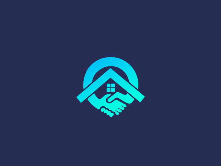 two hands shaking each other in front of a blue circle with a house on it