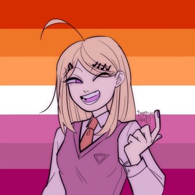 a drawing of a girl with long blonde hair holding up two fingers in front of an orange and pink striped background