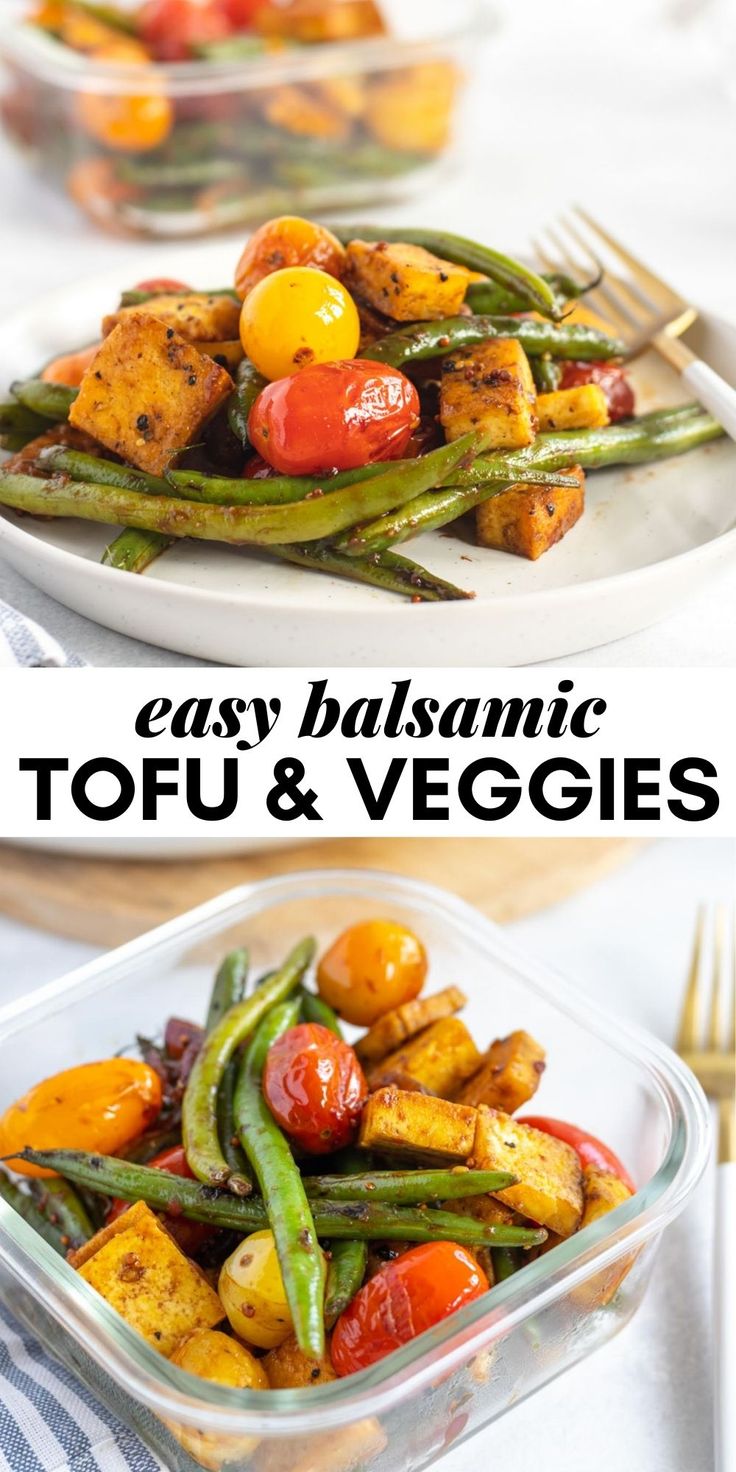 two pictures showing different types of vegetables in glass dishes with gold forks and silverware