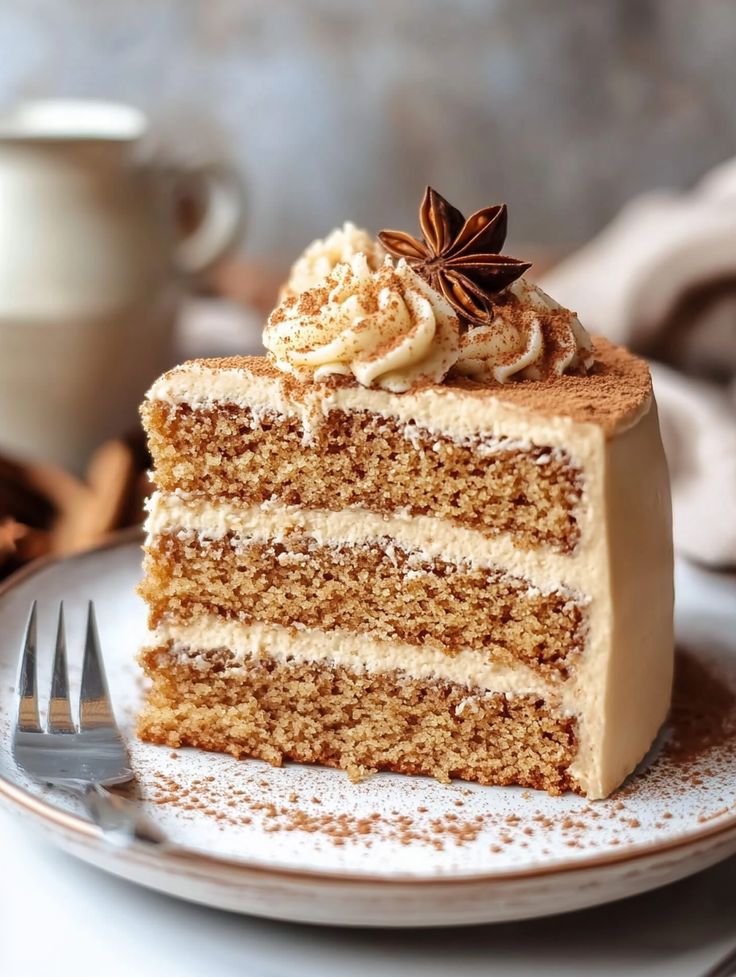 a slice of cake on a plate with a fork and coffee cup in the background