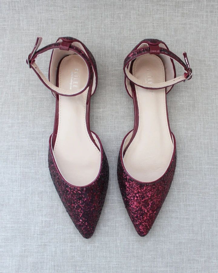 BURGUNDY Rock Glitter Ankle Strap Flats with Organza Bow - Women Shoes, Bridal shoes, Bridesmaid shoes Party Pointed Toe Flats For Fall, Party Pointed Almond Toe Flats For Fall, Pointed Toe Closed Flats For Fall Party, Fall Party Pointed Almond Toe Flats, Party Flats With Heel Strap And Low Heel, Fall Party Pointed Toe Flats, Party Flats With Heel And Ankle Strap, Pointed Toe Flats With Heel Strap For Party, Closed Toe Flats For Fall Party