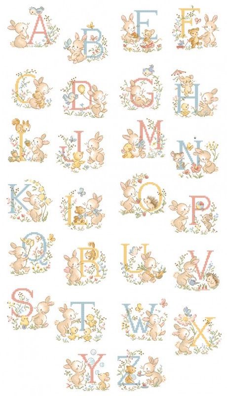 cross stitch alphabets with animals and flowers on the letters are in pastel colors