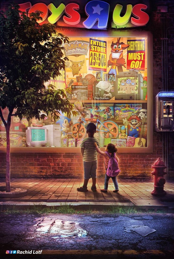 two children are standing in front of a store with the words toys r us on it