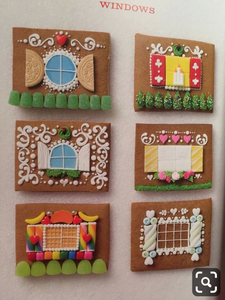 four gingerbread houses are shown in the shape of windows, and decorated with icing