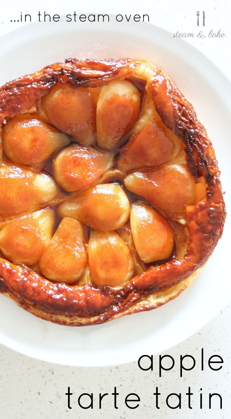 apple tartetta in the steam oven on a white plate with text overlay