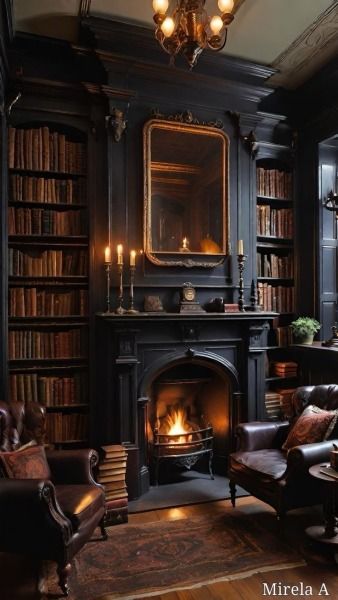 a living room filled with furniture and a fire place in the middle of a book case