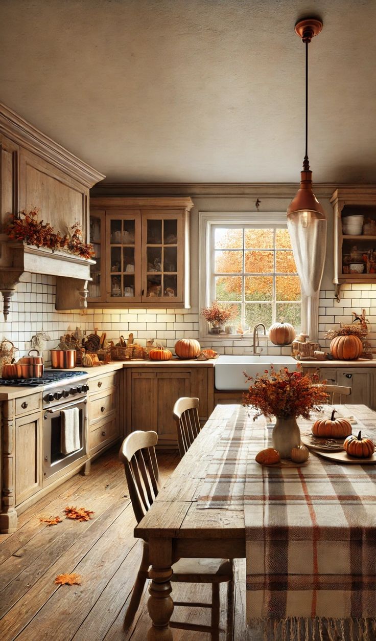 a kitchen filled with lots of wooden furniture