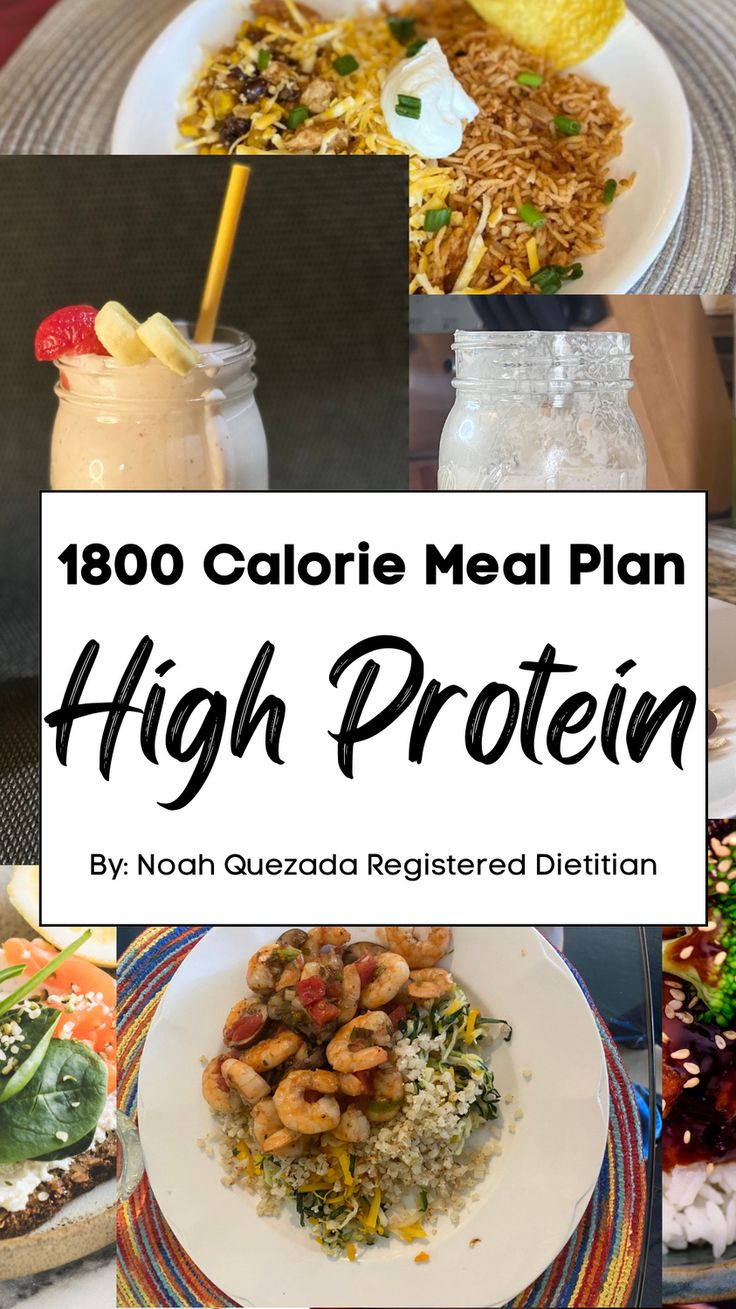 a collage of high protein meals and drinks