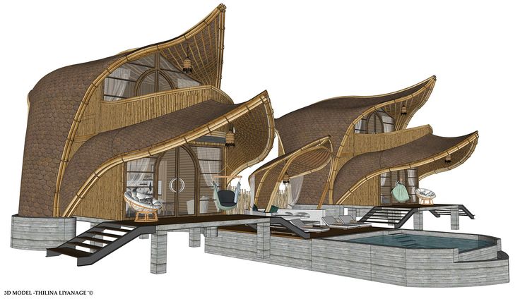 an architectural rendering of a building with stairs leading up to the roof and side walls