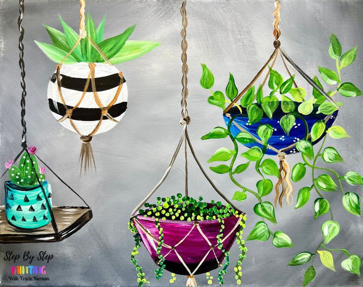 three hanging planters filled with green plants on a gray background, painted in acrylic paint