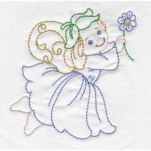 an embroidered angel with a flower in its hand