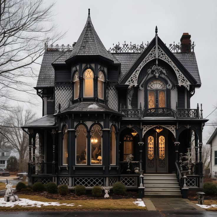 an old victorian style house is decorated in black and white with ornate trimmings