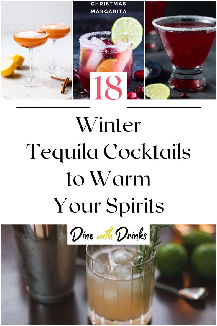 Collage of 4 winter tequila cocktails. Spicy Winter Cocktails, Tequila Cocktails Winter Holiday Drinks, Easy Christmas Cocktails Tequila, New Years Eve Tequila Cocktails, Winter Tequila Drinks, Blanco Tequila Cocktails, Hot Tequila Drinks, Festive Tequila Cocktails, Holiday Cocktails With Tequila