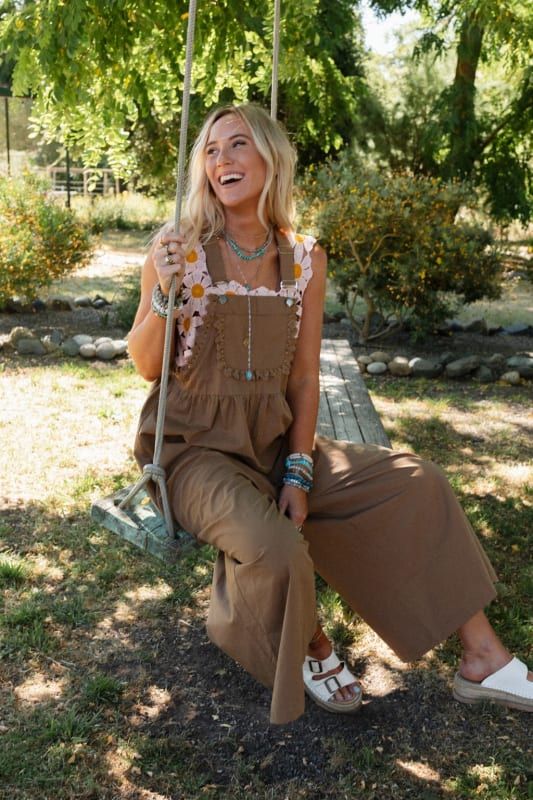 On A Whim Lace Detail Overalls - Mocha | Three Bird Nest Boho Overalls Outfits, Tan Overalls Outfit, Clog Outfits, Boho Overalls, Catching Up With Friends, Christmas Boots, Bralette Outfit, Closet Candy, Loose Jumpsuit