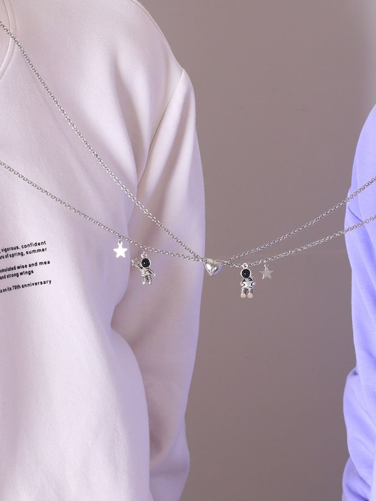 Silver    Stainless Steel  Pendant Necklaces Embellished   Jewelry Couples Necklace Aesthetic, Matching Couple Necklaces Aesthetic, Aesthetic Couple Necklace, Couple Chains Necklaces, Couples' Silver Stainless Steel Necklaces, Astronaut Necklace, Hair Stylist Logo, Diy Pants, Bff Jewelry