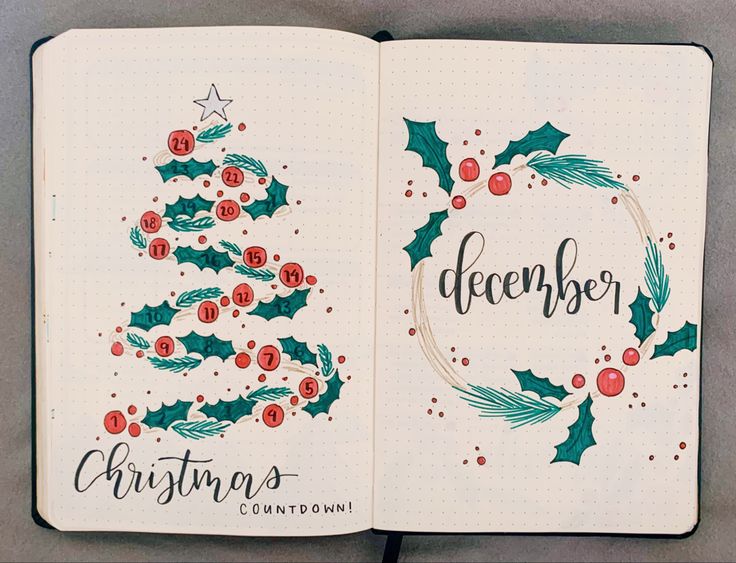 an open notebook with christmas decorations and writing on the pages that read december, written in cursive ink