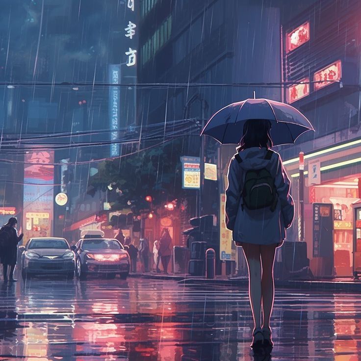 a woman with an umbrella is walking down the street in the rain at night time