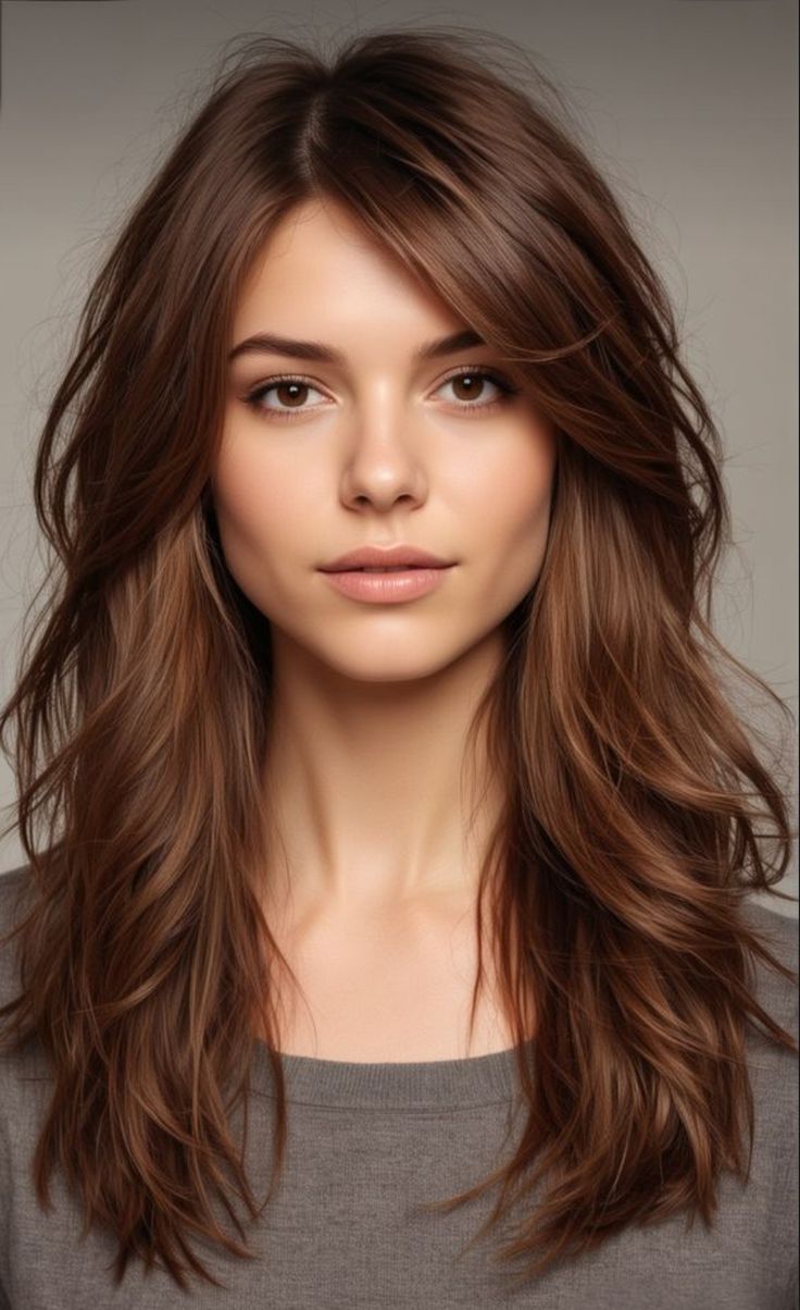 Face Frame Haircut Side Part, Side Parting Layered Hair, Long Hairstyles With Side Part, Side Part With Face Framing Layers, Side Part Haircut Long Hair, Wispy Layered Hair Medium, Long Layered Hair With Side Part, Bangs With Soft Layers, Side Part Long Bangs